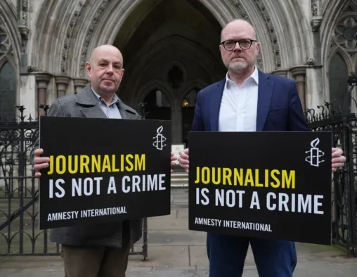 Journalists Barry McCaffrey (left) and Trevor Birney, outside the Royal Courts of Justice in London on Tuesday 17 December 2024. Picture: Lucy North/PA Wire