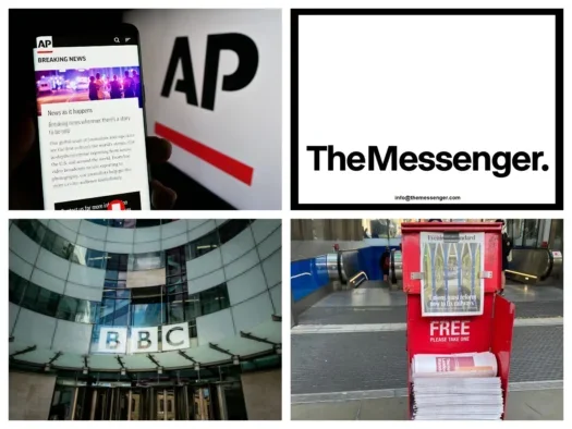 Four of the media companies that made job cuts in 2024. Clockwise from top left: Associated Press (picture: Shutterstock), The Messenger, Evening Standard (picture: Press Gazette) and the BBC (picture: Shutterstock).