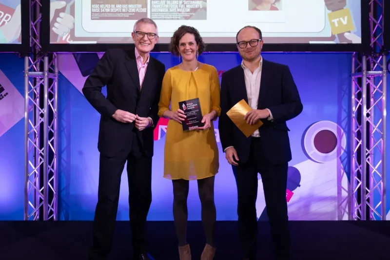 Josephine Moulds of The Bureau of Investigative Journalism picks up the Energy & Environment Journalism prize, sponsored by Renewable UK, at the British Journalism Awards 2024. Picture: ASV Photography/Press Gazette