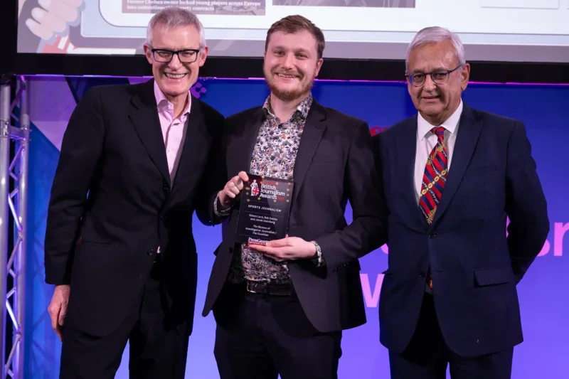 Jacob Steinberg of The Bureau of Investigative Journalism picks up the Sports Journalism prize at the British Journalism Awards 2024. Picture: ASV Photography/Press Gazette