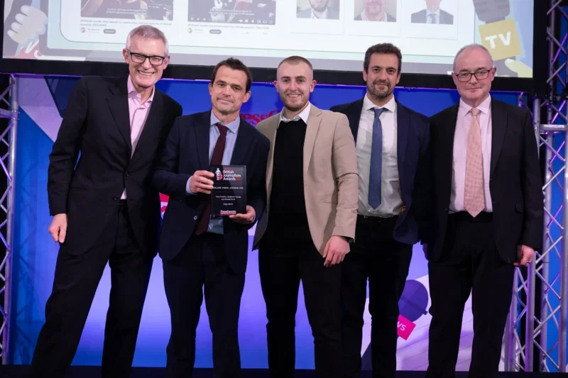 Daily Mirror team picking up the Online Video Journalism award at the British Journalism Awards 2024 from Jeremy Vine and judge Dominic Young. Picture: ASV Photography/Press Gazette