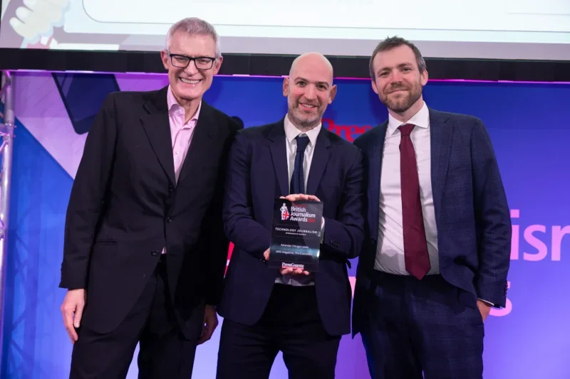 Jonathan Beckman, editor of The Economist's 1843 magazine, picks up the Technology Journalism prize sponsored by Amazon on behalf of Amanda Chicago Lewis at the British Journalism Awards 2024. Picture: ASV Photography/Press Gazette