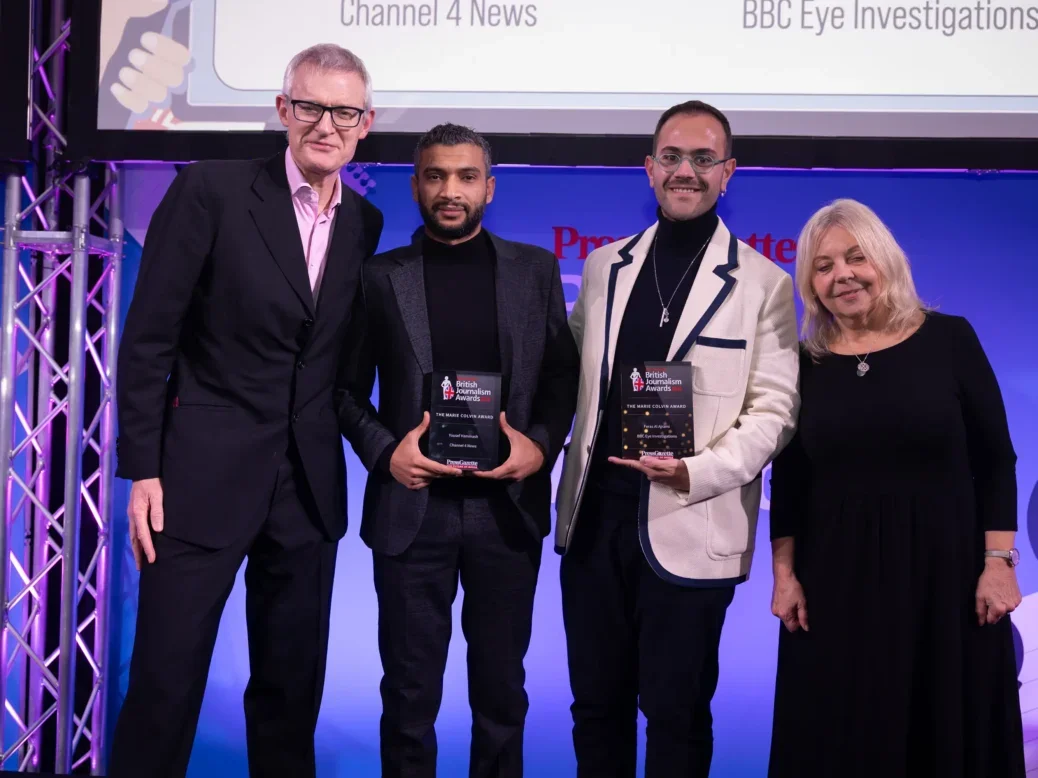 Marie Colvin Award 2024: Jeremy Vine and Washington Post global affairs correspondent Liz Sly hand over Marie Colvin Award 2024 to Channel 4 News' Yousef Hammash and a colleague of the BBC's Feras Al Ajrami at the British Journalism Awards. Picture: ASV Photography/Press Gazette