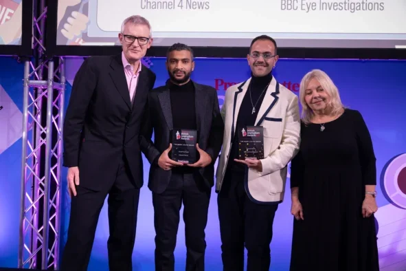 Marie Colvin Award 2024: Jeremy Vine and Washington Post global affairs correspondent Liz Sly hand over Marie Colvin Award 2024 to Channel 4 News' Yousef Hammash and a colleague of the BBC's Feras Al Ajrami at the British Journalism Awards. Picture: ASV Photography/Press Gazette