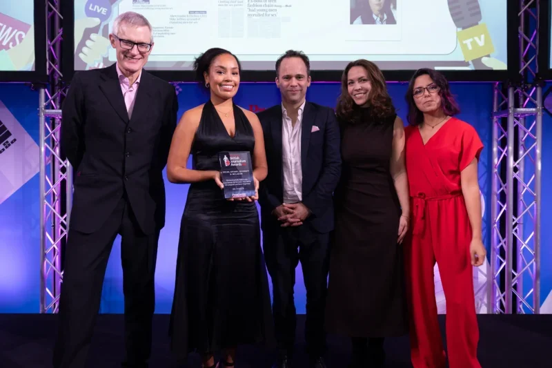 BBC Panorama team including Rianna Croxford picking up the Social Affairs, Diversity & Inclusion Journalism prize from Jeremy Vine and judge Laura Garcia at the British Journalism Awards 2024. Picture: ASV Photography/Press Gazette