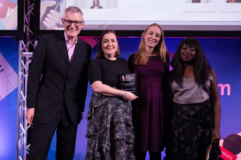 Rosamund Urwin and Charlotte Wace of The Times and The Sunday Times collect the Arts & Entertainment Journalism for their Russell Brand investigation at the British Journalism Awards 2024. Picture: ASV Photography/Press Gazette