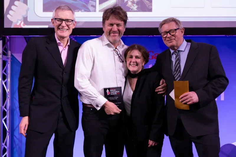 Two members of the team that made Kill Zone: Inside Gaza for Channel 4 Dispatches, including Ben de Pear, pick up the Foreign Affairs Journalism award at the British Journalism Awards 2024. Picture: ASV Photography/Press Gazette