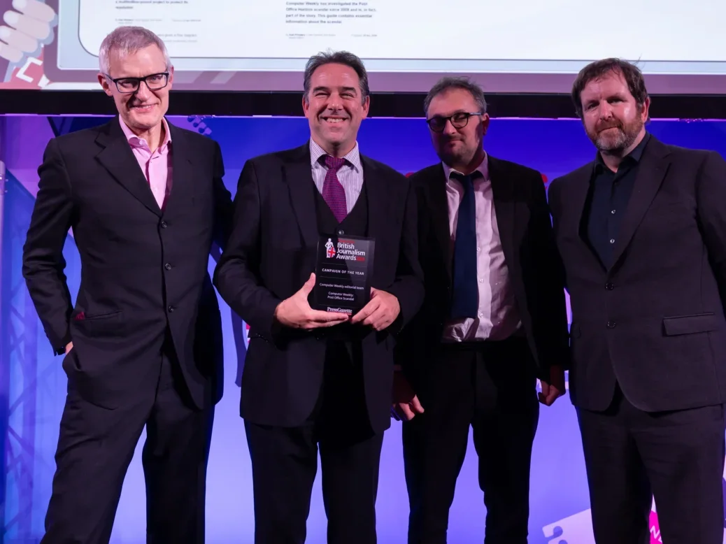 Bryan Glick and Karl Flinders of Computer Weekly pick up the Campaign of the Year award for the Post Office scandal at the British Journalism Awards 2024. Picture: ASV Photography/Press Gazette