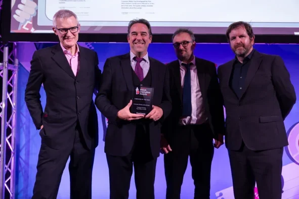 Bryan Glick and Karl Flinders of Computer Weekly pick up the Campaign of the Year award for the Post Office scandal at the British Journalism Awards 2024. Picture: ASV Photography/Press Gazette