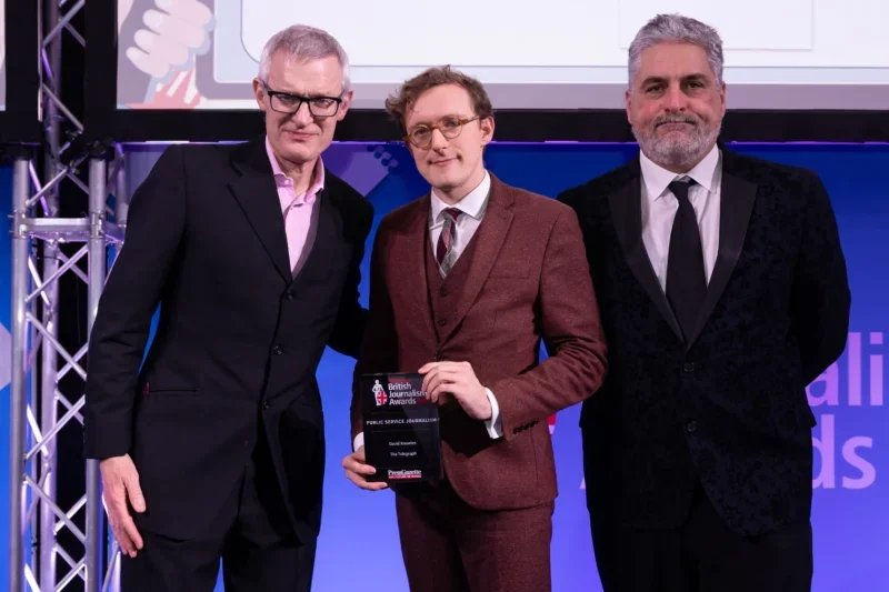 The Telegraph's Francis Dearnley picks up the Public Service Award for his late colleague David Knowles at the British Journalism Awards 2024. Picture: ASV Photography/Press Gazette