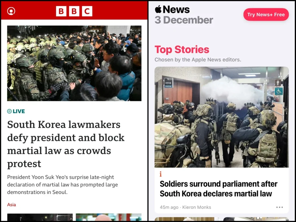 BBC News and Apple News app screenshots on 3 December 2024. Both have a top story of the South Korea martial law declaration. The Apple News version is from The i and the app says its feed is curated by Apple News editors.