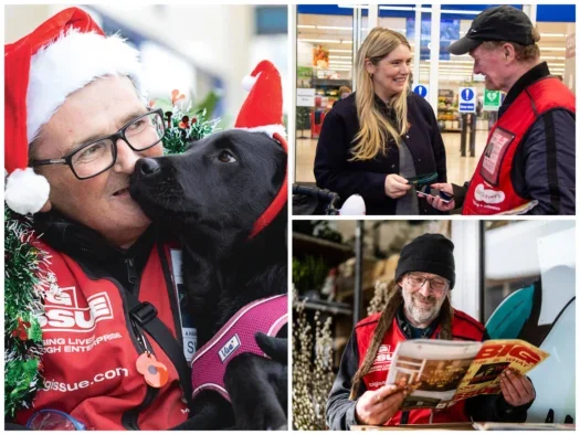 A photo montage showing Big Issue vendors: one is a vendor with a black Labrador, another is a vendor reading the magazine and a third is a vendor selling a copy to a woman outside a supermarket.