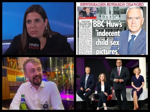 British Journalism Awards 2024 winners, clockwise from top left: Caroline Wheeler in a studio talking into a Times Radio microphone, Sun newspaper page with headline: "Newsreader Edwards charged... BBC Huw's 'indecent child sex pictures', Channel 4 News' main presenting team of four sitting and standing in their TV studio, and David Knowles smiling into the distance with an award in front of him.