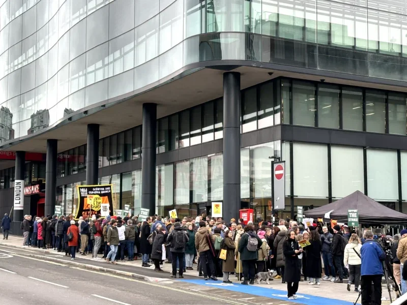 Dozens of people on the picket line outside the Guardian HQ in London on Wednesday 4 December 2024. Picture: Press Gazette