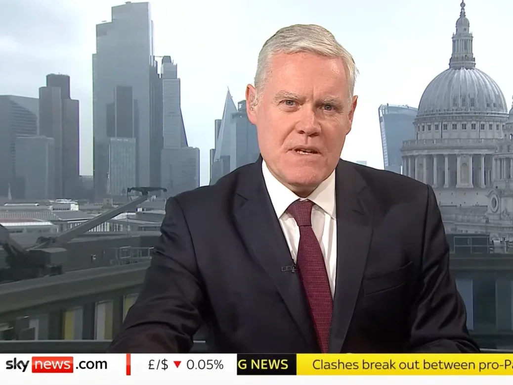 Outgoing Sky News business presenter Ian King appears on Business Live with Ian King, filmed at the now-departed Sky News studio in the City of London. Sky has announced King has "stepped back" from the programme and that he will leave permanently in the spring.