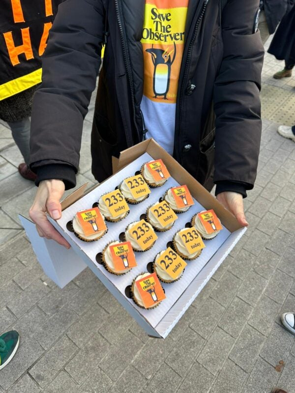 Cupcakes to mark 233 years since The Observer's first edition, being given out on the picket line on Wednesday 4 December 2024. Picture: Press Gazette