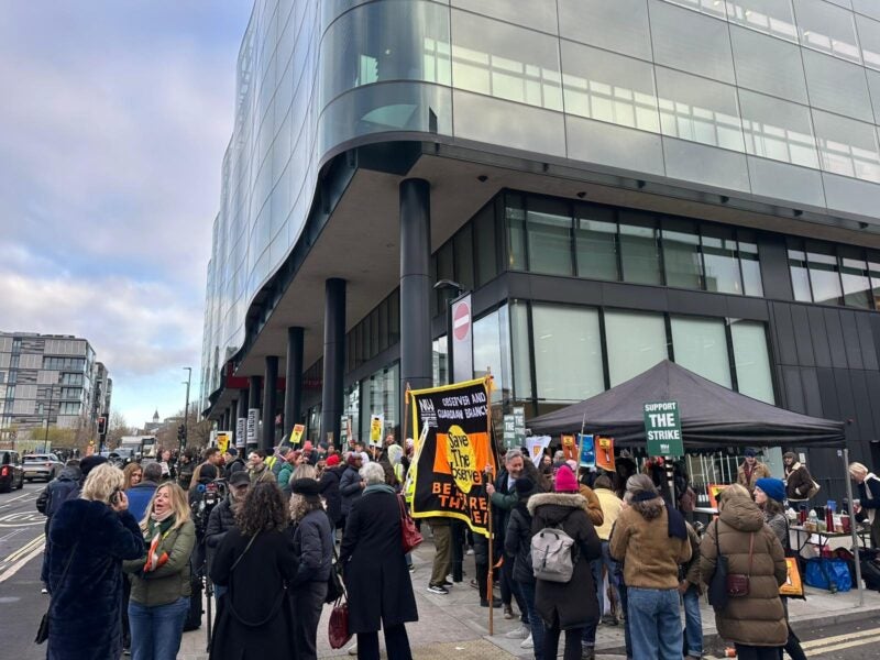 Dozens of people on the picket line outside the Guardian HQ in London on Wednesday 4 December 2024. Picture: Press Gazette