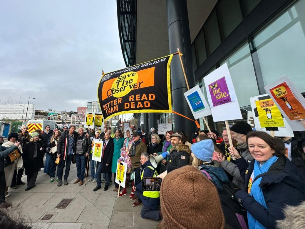 Guardian/Observer strike picket line on Wednesday 4 December 2024 - including Grayson Perry, Paul Waugh and Rebecca Long-Bailey. Picture: Press Gazette