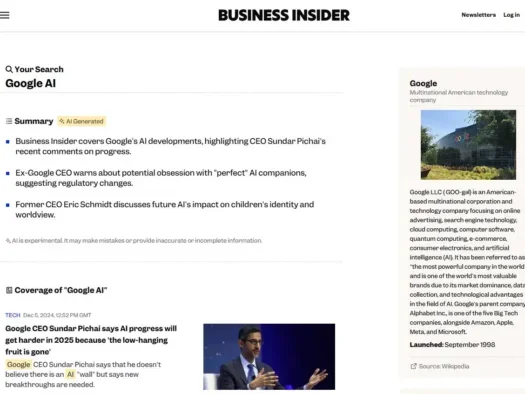 Business Insider AI-powered search result page for the search 'Google AI'.