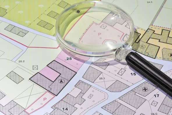 A fictional cadastral map with buildings, land parcels and vacant plots is seen with a magnifying glass lying atop, illustrating a story about investigative journalists complaining about a more than doubling of the cost of making a query to the Land Registry.