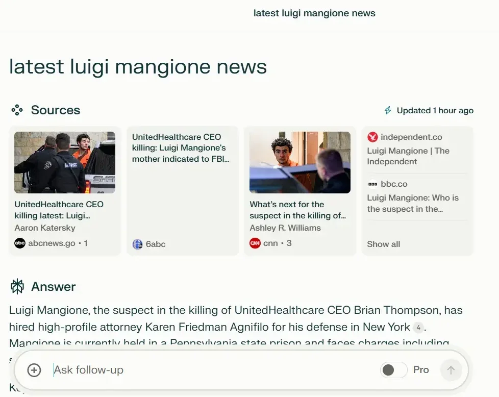 Perplexity sources and AI-generated answer for query about latest news on United Healthcare CEO murder suspect Luigi Mangione.