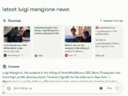 Perplexity sources and AI-generated answer for query about latest news on United Healthcare CEO murder suspect Luigi Mangione.