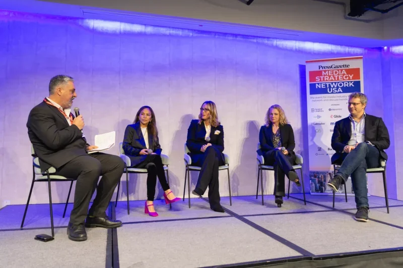 Dominic Ponsford pictured at the Press Gazette Media Strategy Network USA event in November 2024 with: New York Post chief technology officer Ariscielle Novicio, Forbes chief revenue officer Sherry Phillips, Dow Jones chief marketing officer Sherry Weis and Dotdash Meredith chief  innovation officer Jon Roberts