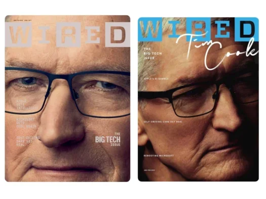 The US (left) and UK (right) covers of Wired for January and February 2025, each using different pictures of Apple CEO Tim Cook. The pictures illustrate news that Wired is set to go from a bimonthly to a quarterly publication schedule and that it is combining its global teams.