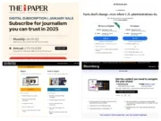 Digital subscription sign-up pages for The i Paper, Washington Post, Bloomberg and The Times on 14 January 2025