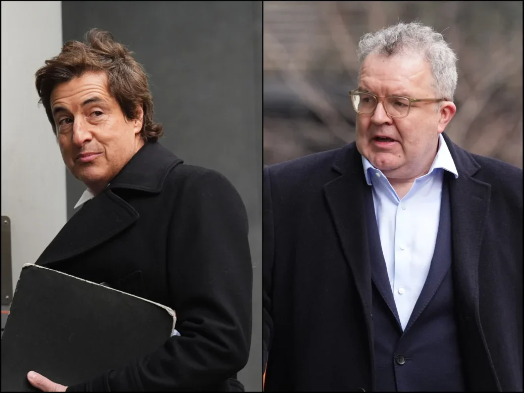 Two pictures side-by-side, both showing men arriving outside a court building (ready for the Prince Harry vs Sun trial)