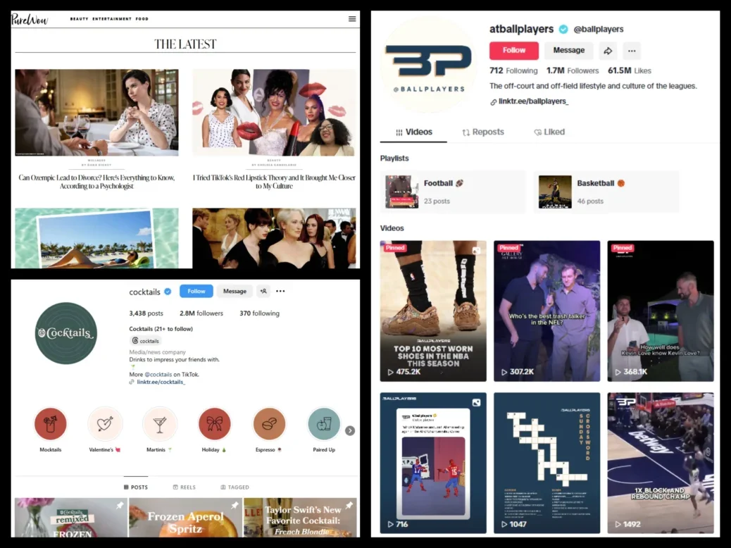 Three Gallery Media Group brand screenshots: PureWow, @ballplayers (shown on Tiktok) and @cocktails (here on Instagram)