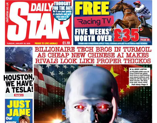 Daily Star front page on 28 January 2025; main story about Chinese vs US AI rivalry with image of robot