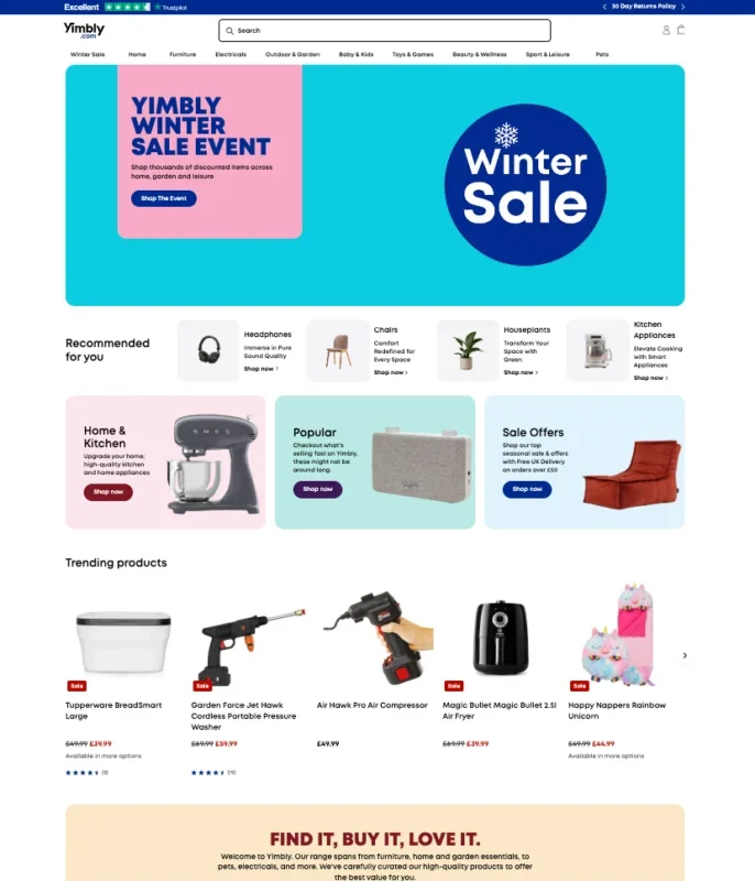 The Yimbly front page, showing products including pressure washers, an air fryer, children's toys, a Smeg kitchen appliance and house plants.