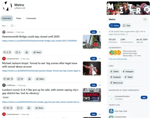 Screenshot of Metro's Reddit user profile on 27 January 2025