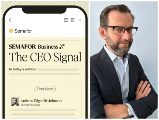 A composite image showing a promotional mock-up of Semafor's CEO Signal newsletter on the left and its author, former FT US news editor Andrew Edgecliffe-Johnson, on the right