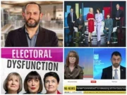 Clockwise from top left: Sky News managing director and executive editor Jonathan Levy; Sky News UK election night team 2024, Kay Burley interviewing former Israel government spokesperson Eylon Levy, and promo art for Sky News podcast Electoral Dysfunction. Pictures: Sky News/screenshots