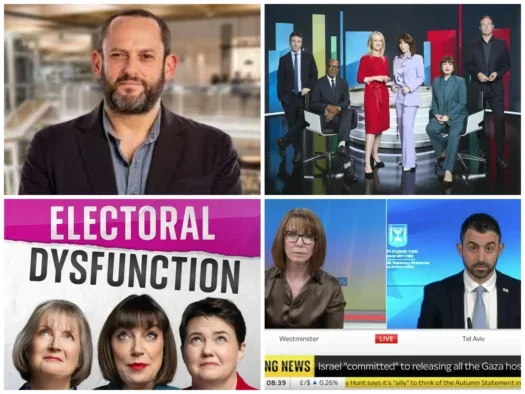 Clockwise from top left: Sky News managing director and executive editor Jonathan Levy; Sky News UK election night team 2024, Kay Burley interviewing former Israel government spokesperson Eylon Levy, and promo art for Sky News podcast Electoral Dysfunction. Pictures: Sky News/screenshots