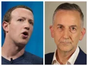 Meta chief executive Mark Zuckerberg (left) is pictured in a montage next to Full Fact chief executive Chris Morris (right), illustrating a story about Morris' criticism of Meta's decision to end its third-party fact-checking programme, of which Full Fact is a member.