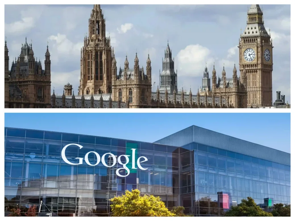 A composite image showing the Houses of Parliament alongside Google offices, illustrating news that the UK's CMA (Competition and Markets Authority) has launched an investigation into whether Google search should be designated with strategic market status, which would open it up to regulation including conduct requirements and potential fines.