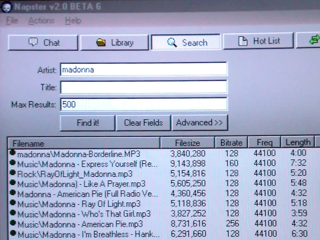 Screenshot of a search for Madonna songs on Napster from 2000. Picture: Shutterstock/Northfoto