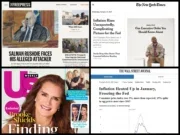 Homepages for The Free Press, The New York Times, The Wall Street Journal and a magazine cover for Us Weekly. All appear in the 100k Club digital subscribers ranking February 2025 edition.