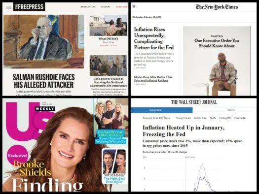 Homepages for The Free Press, The New York Times, The Wall Street Journal and a magazine cover for Us Weekly. All appear in the 100k Club digital subscribers ranking February 2025 edition.