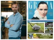 Tim Pollard, director of content - digital at Bauer UK, standing with crossed arms side-on to camera. Also pictured: Grazia magazine cover with Bella Freud cover star and Today's Golfer website with main headline "We tested every 2025 golf driver and this one surprised us the most"