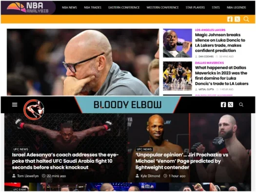 Homepages for NBA Analysis and Bloody Elbow, both bought by GRV Media in 2024