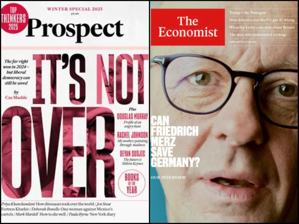 Recent covers for Prospect and Economist magazines - two magazines mentioned in news and current affairs magazines ABC figures 2024