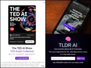 AI resources and tools recommended by Paul Hood. Clockwise from left: screenshot of The TED AI Show on Apple Podcasts; website of Runway (Shutterstock/Koshiro K); sign-up page for TLDR AI newsletter.