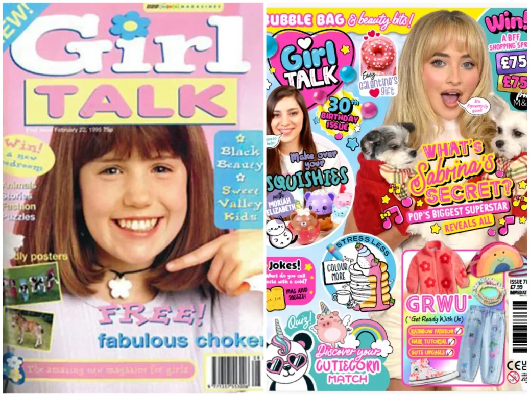 First issue of Girl Talk on 22 February 1995 and the 30th anniversary issue in 2025. The older issue has a young girl posing with a free choker that you got with the magazine. The new edition is busier with brighter colours and a Sabrina Carpenter cover picture