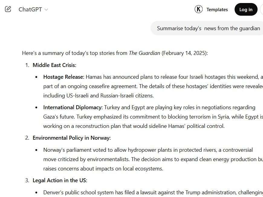 Screenshot of OpenAI's ChatGPT when asked for a summary of today's news via The Guardian