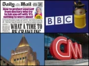 Publishers that made journalism job cuts in January 2025: A Daily Mail front page, a BBC logo next to a microphone, CNN logo outside its HQ, and Washington Post masthead displayed on its building against a nighttime sky