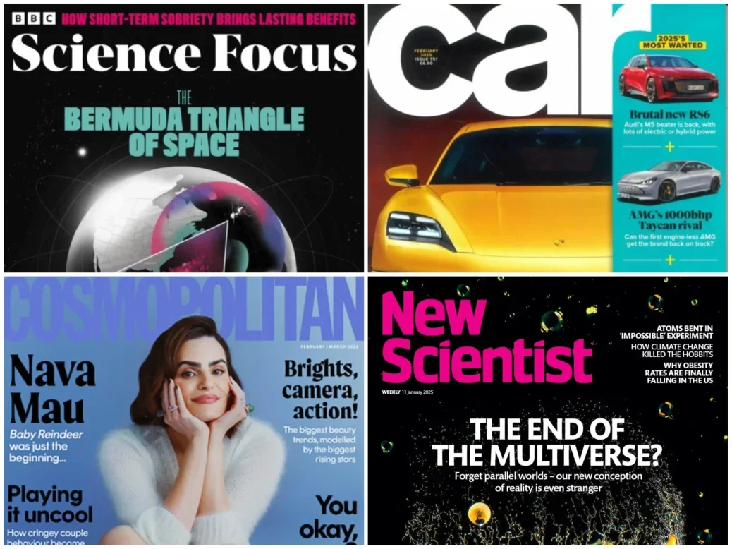 Recent magazine covers for BBC Science Focus, Car, Cosmopolitan and New Scientist, to illustrate ABC digital magazine figures story